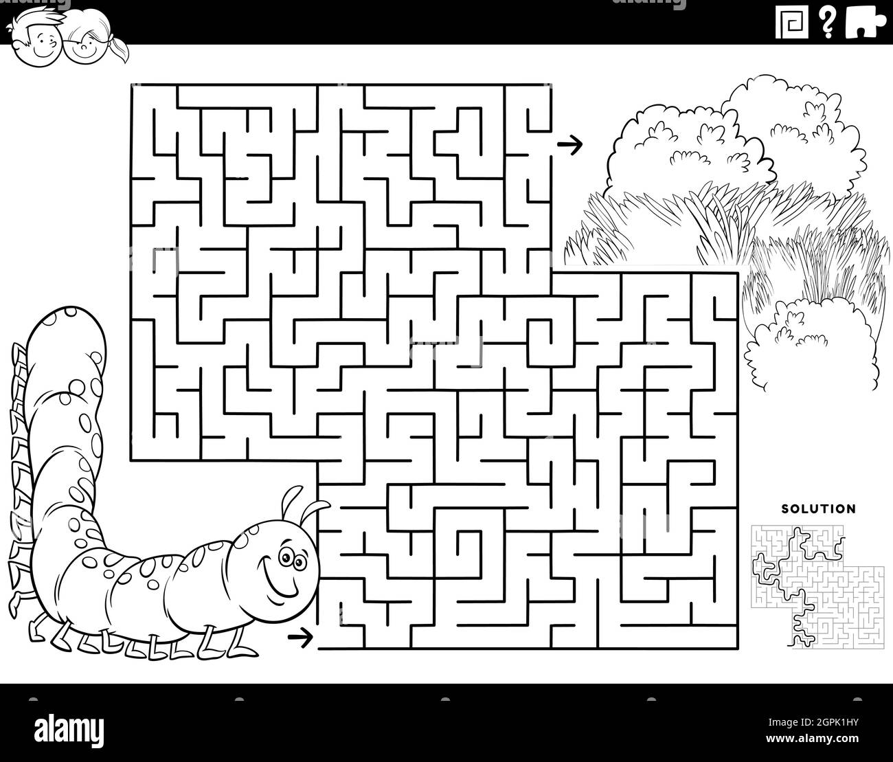 gioco di labirinto con bruco e prato colorare pagina libro Illustrazione Vettoriale