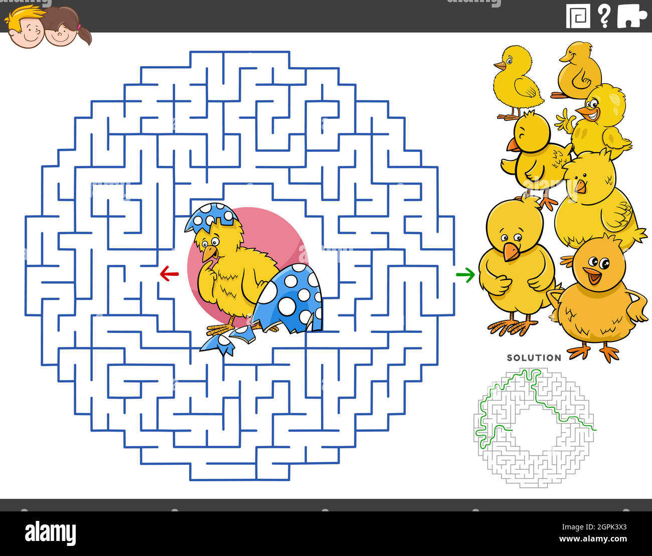 Labirinto gioco educativo con cartone animato di Pasqua pulcini Illustrazione Vettoriale