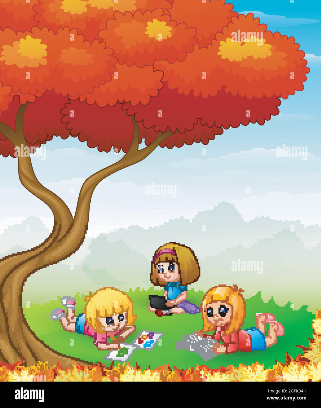 Felici i bambini che studiano negli alberi autunnali Illustrazione Vettoriale