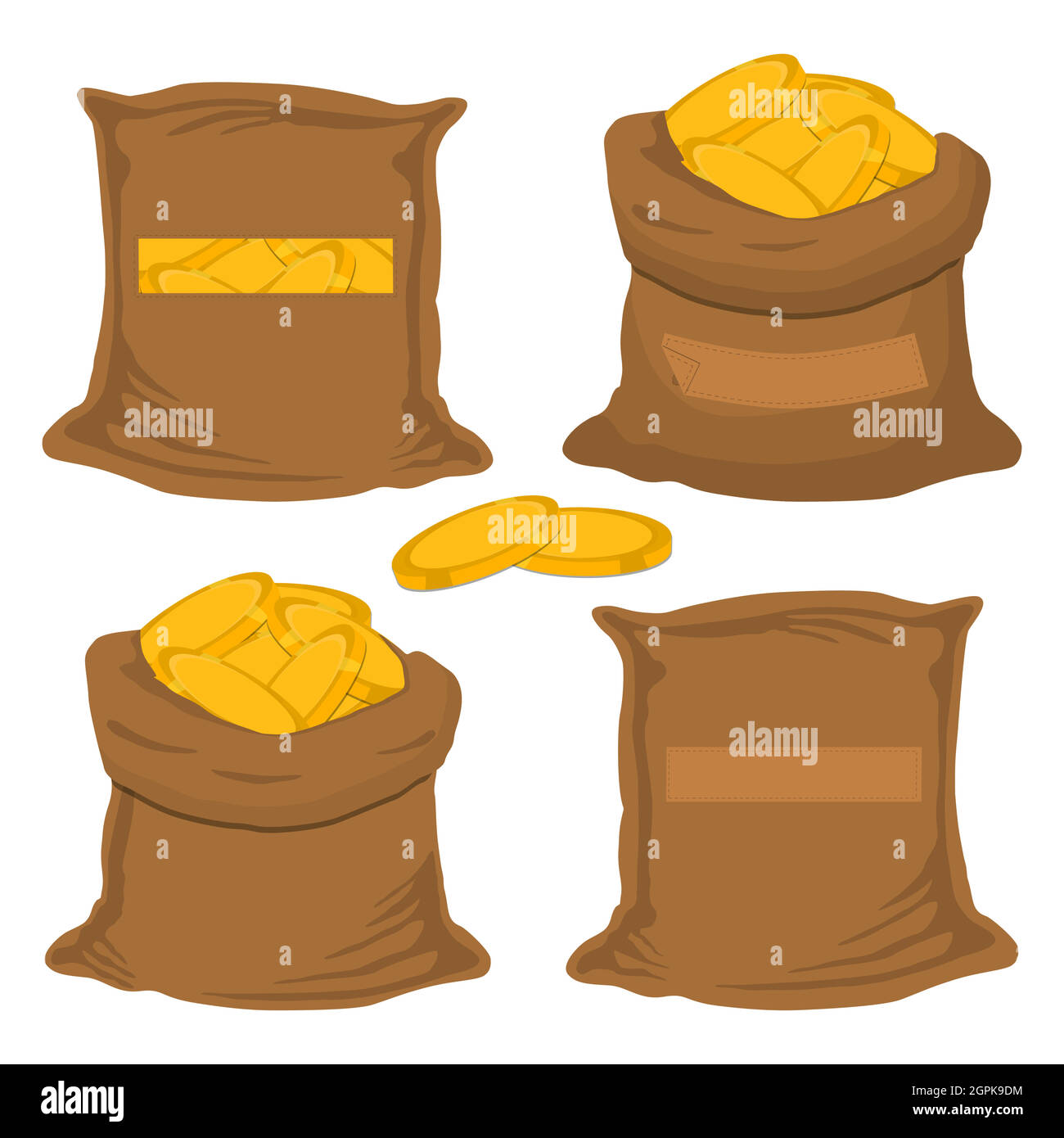 Illustrazione sul tema Big colorato set diversi tipi di borse, sacco pieno di monete Illustrazione Vettoriale