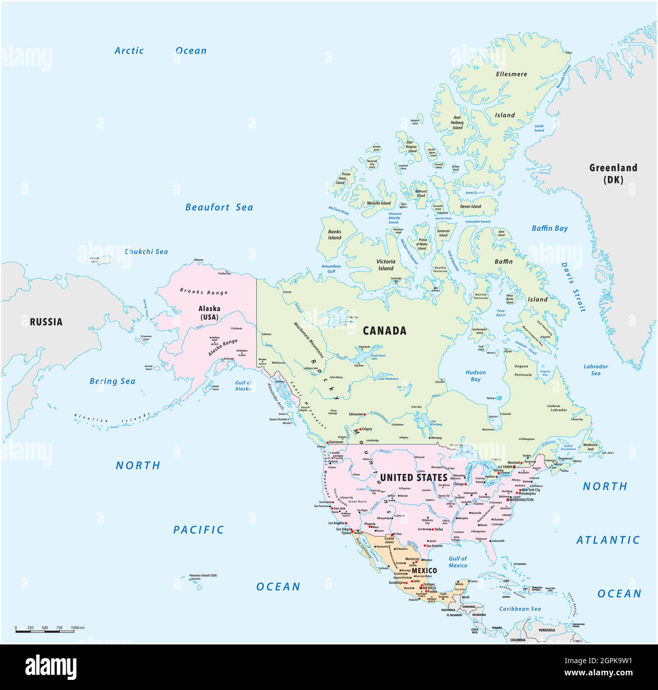 Mappa vettoriale dettagliata di Nord America, Messico, Canada e Stati Uniti Illustrazione Vettoriale