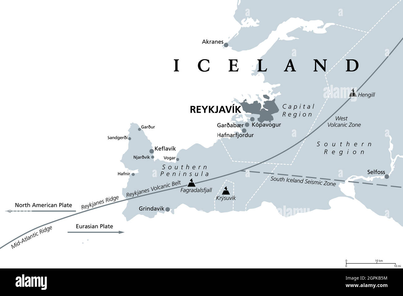 Geologia della regione capitale e della penisola meridionale dell'Islanda, mappa grigia Illustrazione Vettoriale
