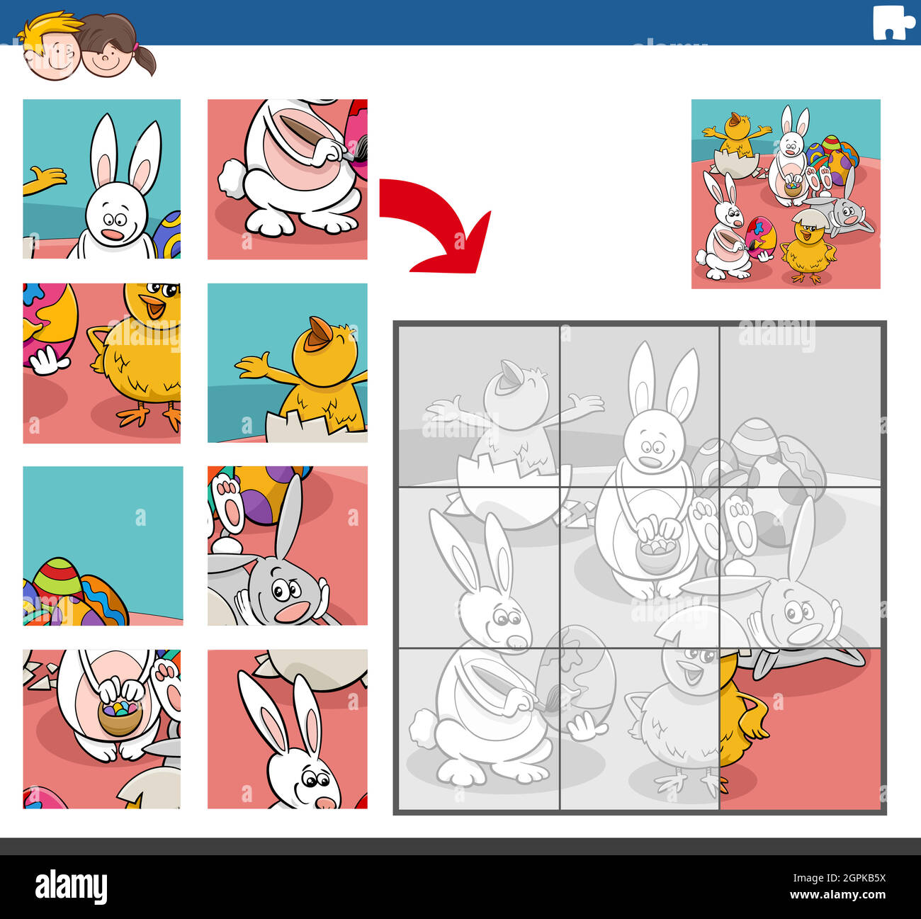 Gioco di puzzle con coniglietti e pulcini di Pasqua Illustrazione Vettoriale
