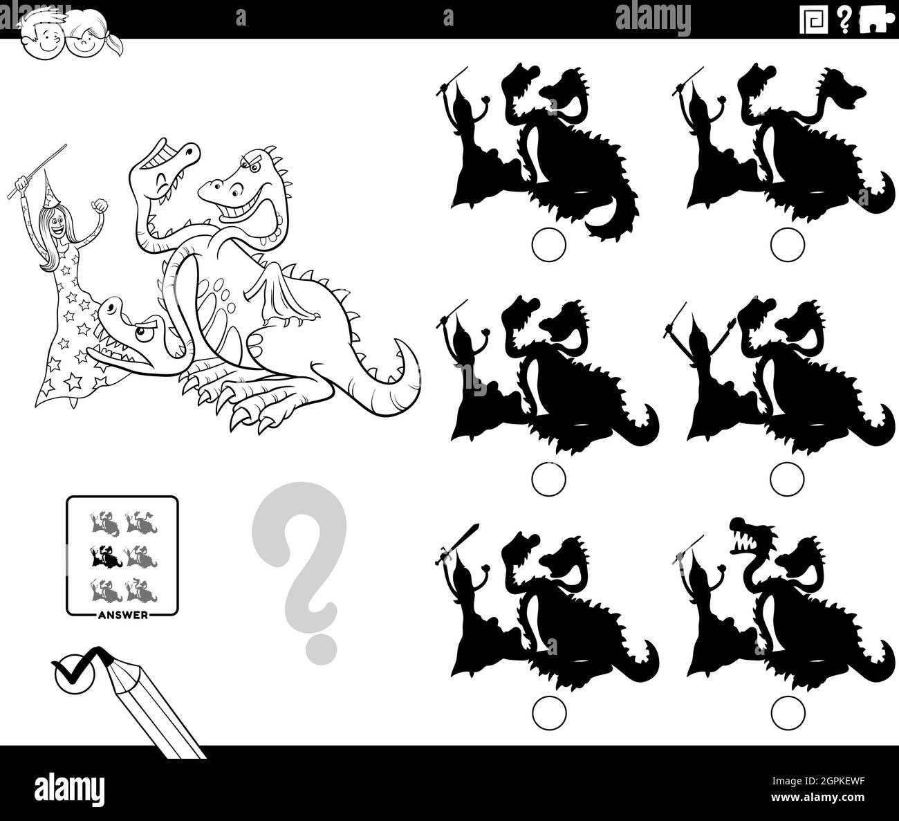 gioco di ombre con witch and dragon coloring pagina libro Illustrazione Vettoriale