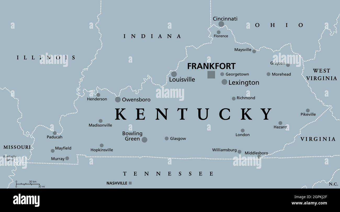 Kentucky, Kentucky, mappa politica grigia, stato del Bluegrass, stato del sud-est degli Stati Uniti Illustrazione Vettoriale