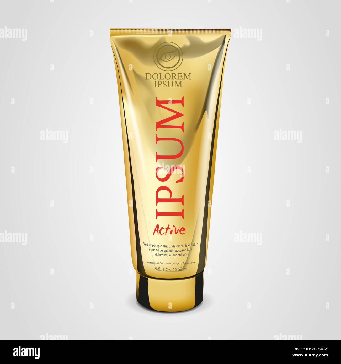 Confezione di tubo 3D realistico metallizzato oro per cosmetici isolati su sfondo chiaro. Qui possono essere creme, dentifricio, gel, salsa, vernice, Colla, lozioni, medicinali. Utilizzare Mockup per il progetto Illustrazione Vettoriale