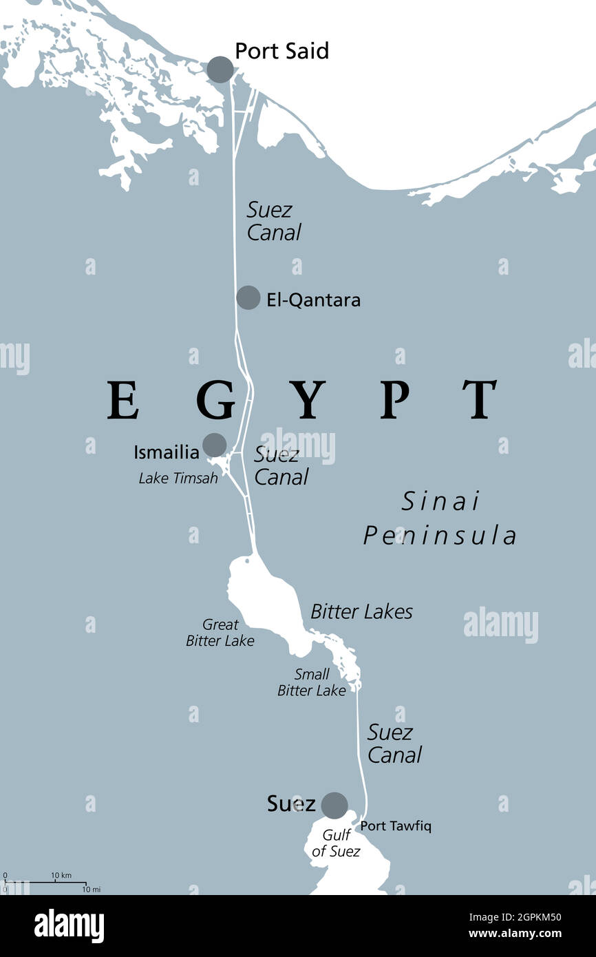 Canale di Suez, idrovia artificiale a livello del mare in Egitto, mappa politica grigia Illustrazione Vettoriale