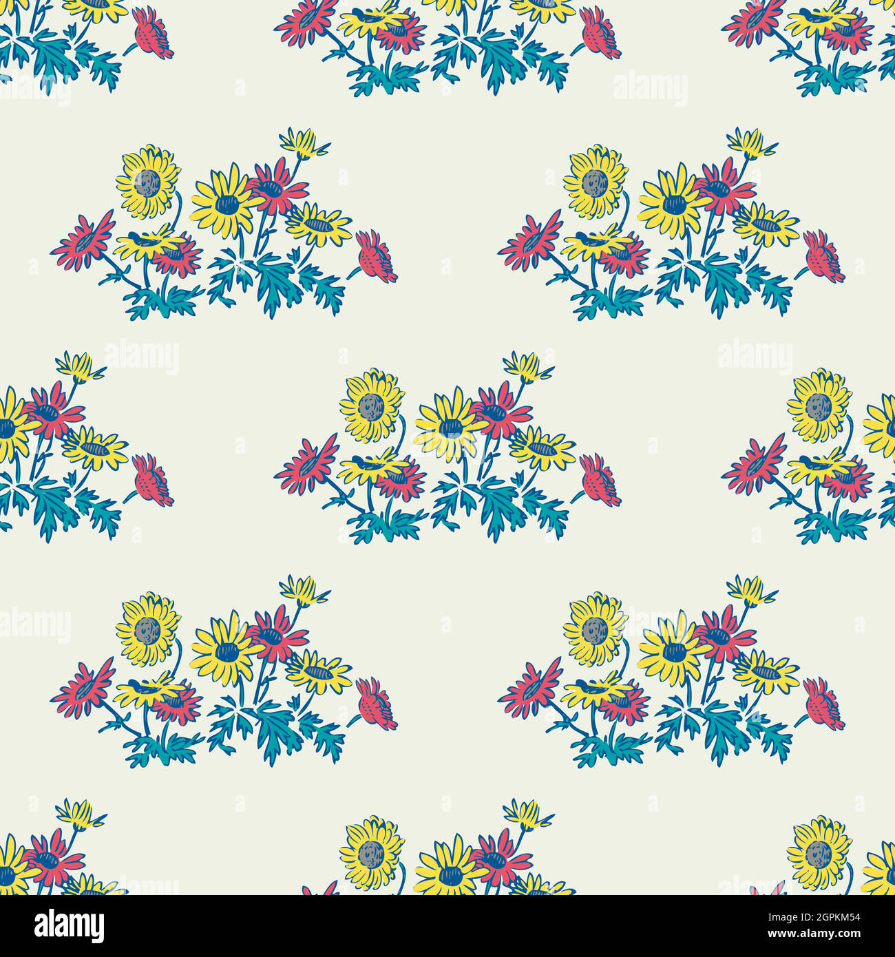 Fiori disegnati a mano margherita, foglie senza giunture motivo sfondo astratto carta da parati. Illustrazione botanica dell'arte della linea. Illustrazione vettoriale di arte della parete floreale in colore alla moda bianco blu pastello disegno grafico Illustrazione Vettoriale