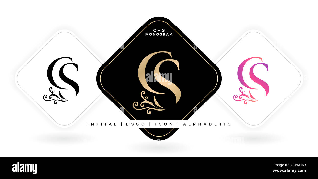 CS lettera iniziale e nome grafico, CS Monogram, per il monogramma del logo della coppia di nozze, azienda del logo e commercio dell'icona, tre disegni di variazione di colori con sfondi bianchi isolati Illustrazione Vettoriale