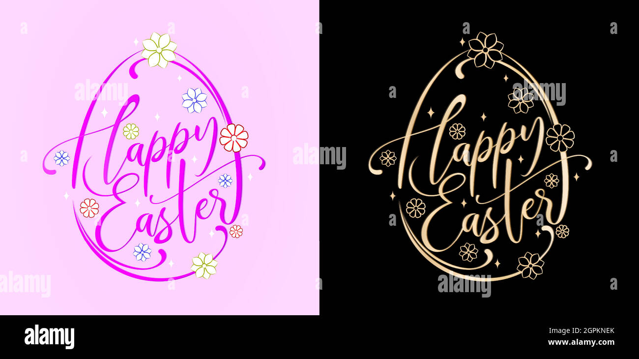 Caratteri di Pasqua felice lettere con due colori di variazione viola e dorati sfondi isolati, Pasqua uovo illustrazione con motivi floreali e vortici, per biglietti di auguri, inviti e banner Illustrazione Vettoriale