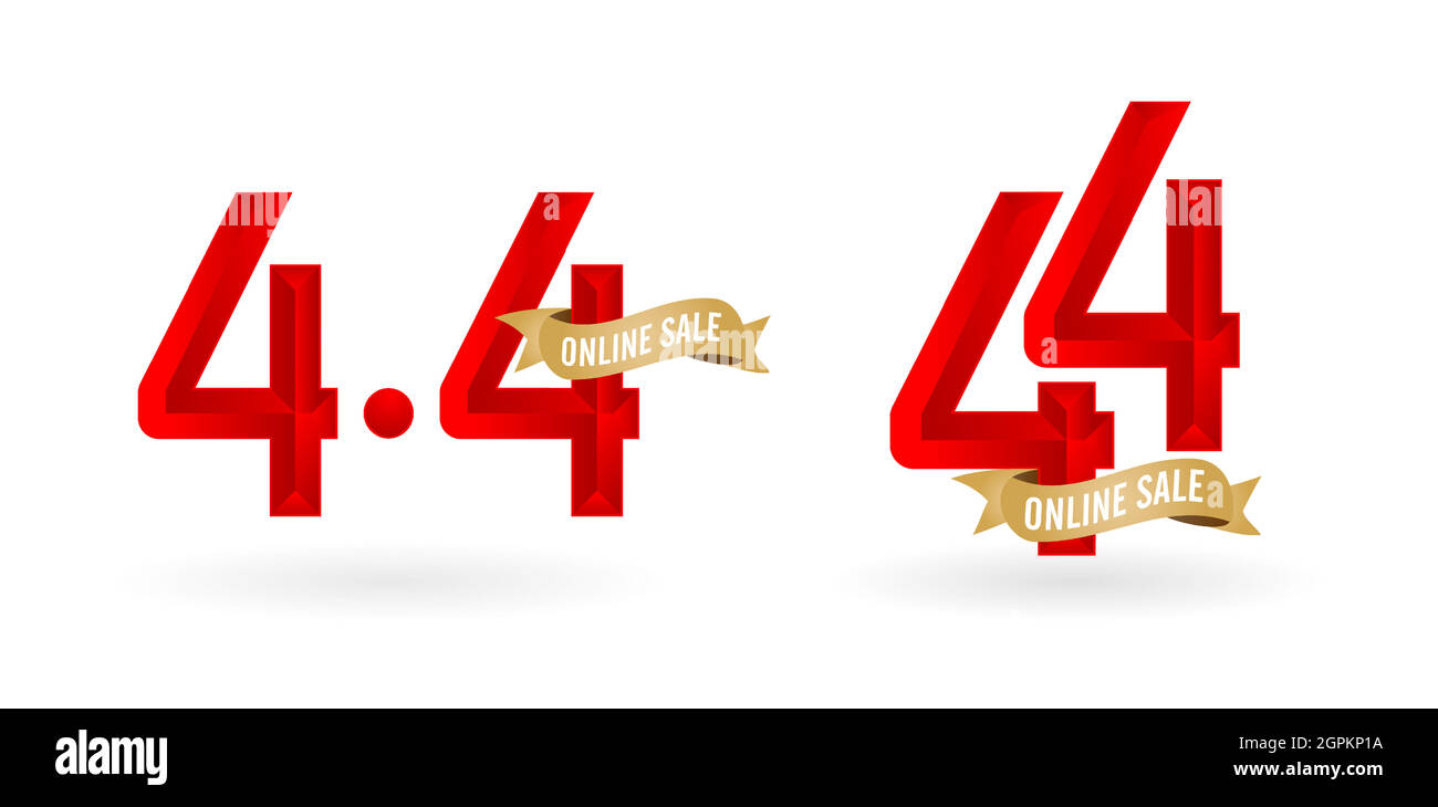 4.4 Mega vendita, 4.4 vendita online, con sfumatura rosso e nastro d'oro applicabile poster o volantino design, banner social media, promozione negozio online, web banner store e retail, agenzia pubblicizzare media Illustrazione Vettoriale