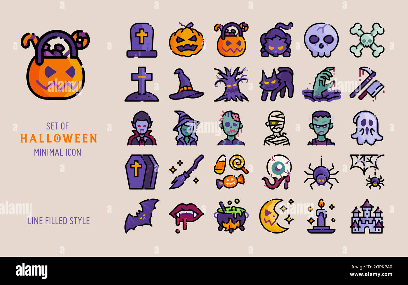 set vettoriale di stile icona con linea di halloween riempita. Spooky e horror spaventoso concetto celebrazione isolato su sfondo scuro Illustrazione Vettoriale