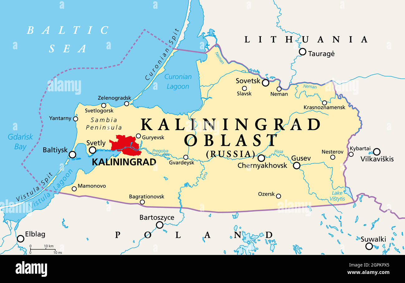 Kaliningrad Oblast, soggetto federale della Russia, carta politica Illustrazione Vettoriale
