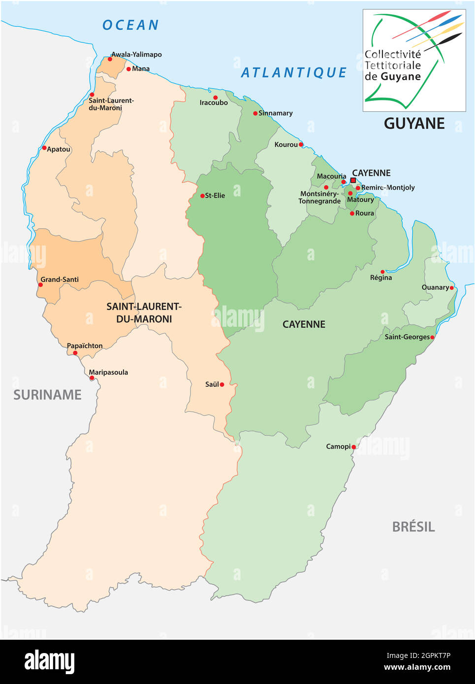 Mappa amministrativa vettoriale dello stato sudamericano del francese Guiana Illustrazione Vettoriale