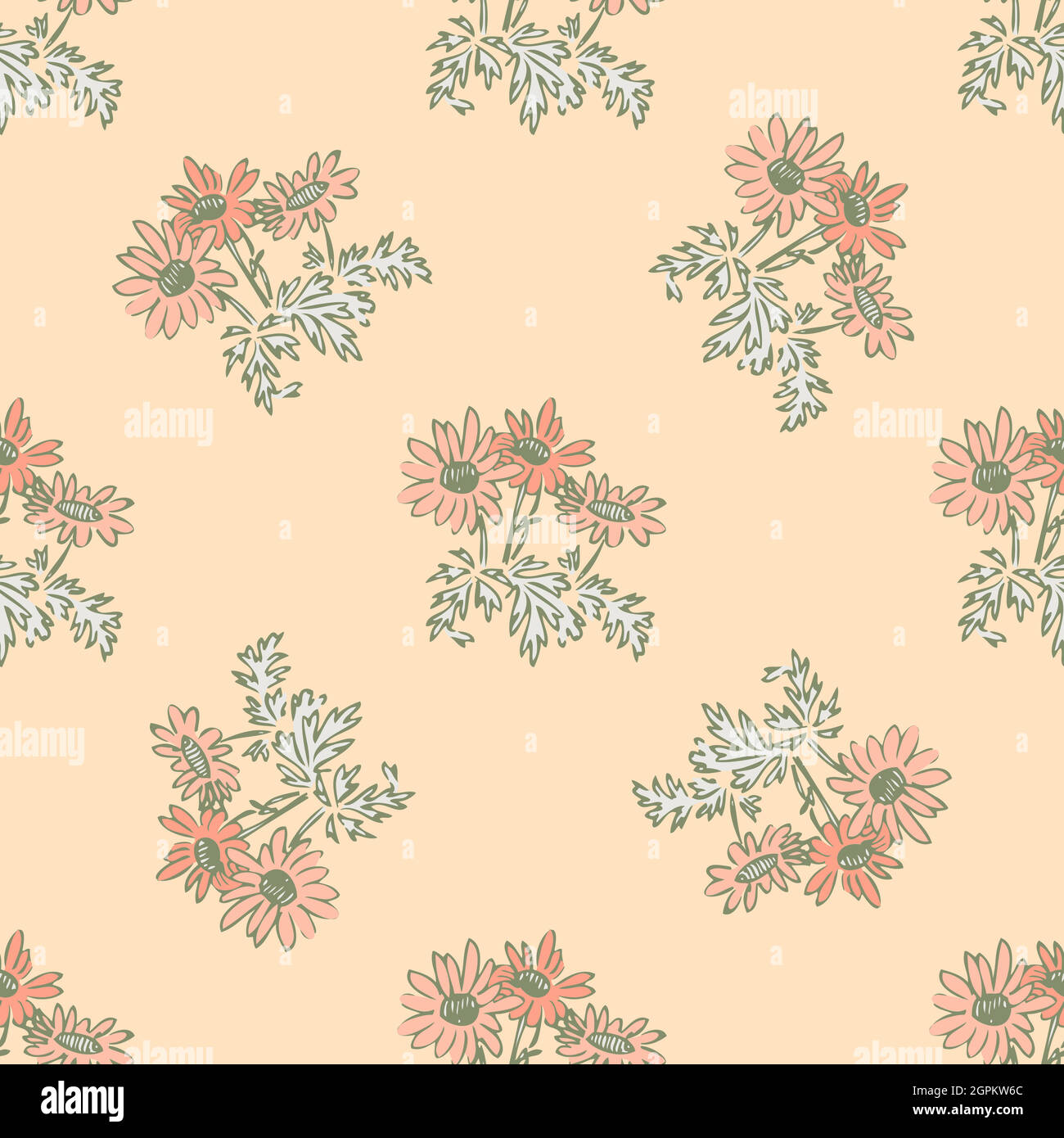 Incisione a mano camomilla fiori, fiore floreale senza cuciture motivo astratto sfondo carta parati vettore. Illustrazione botanica dell'arte di linea per disegno grafico, stampa. Colori pastello alla moda natura Illustrazione Vettoriale