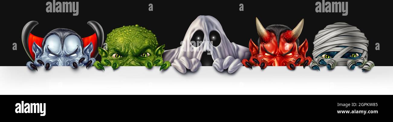Monster group banner con fantasma mummy e mostri vampiri che si aggirano dietro un segno bianco vuoto con un creepy verde arrabbiato zombie mutante nascosto. Foto Stock