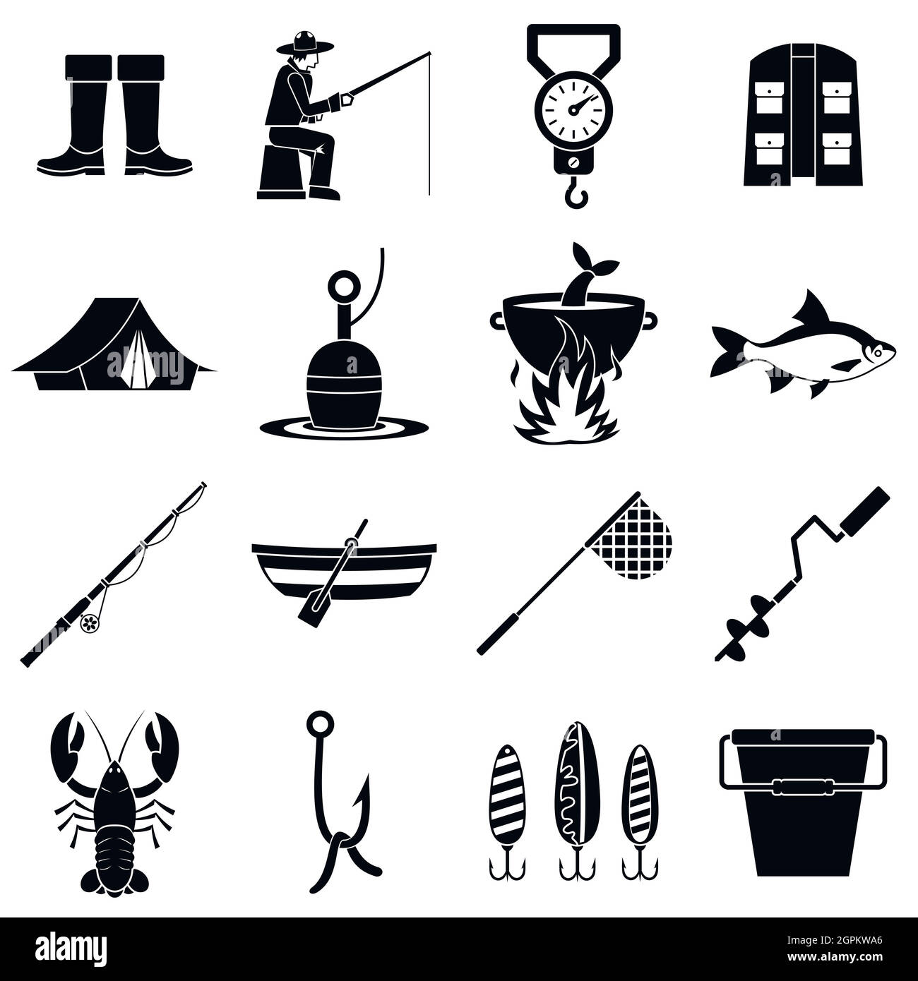 Strumenti da pesca set di icone, stile semplice Illustrazione Vettoriale