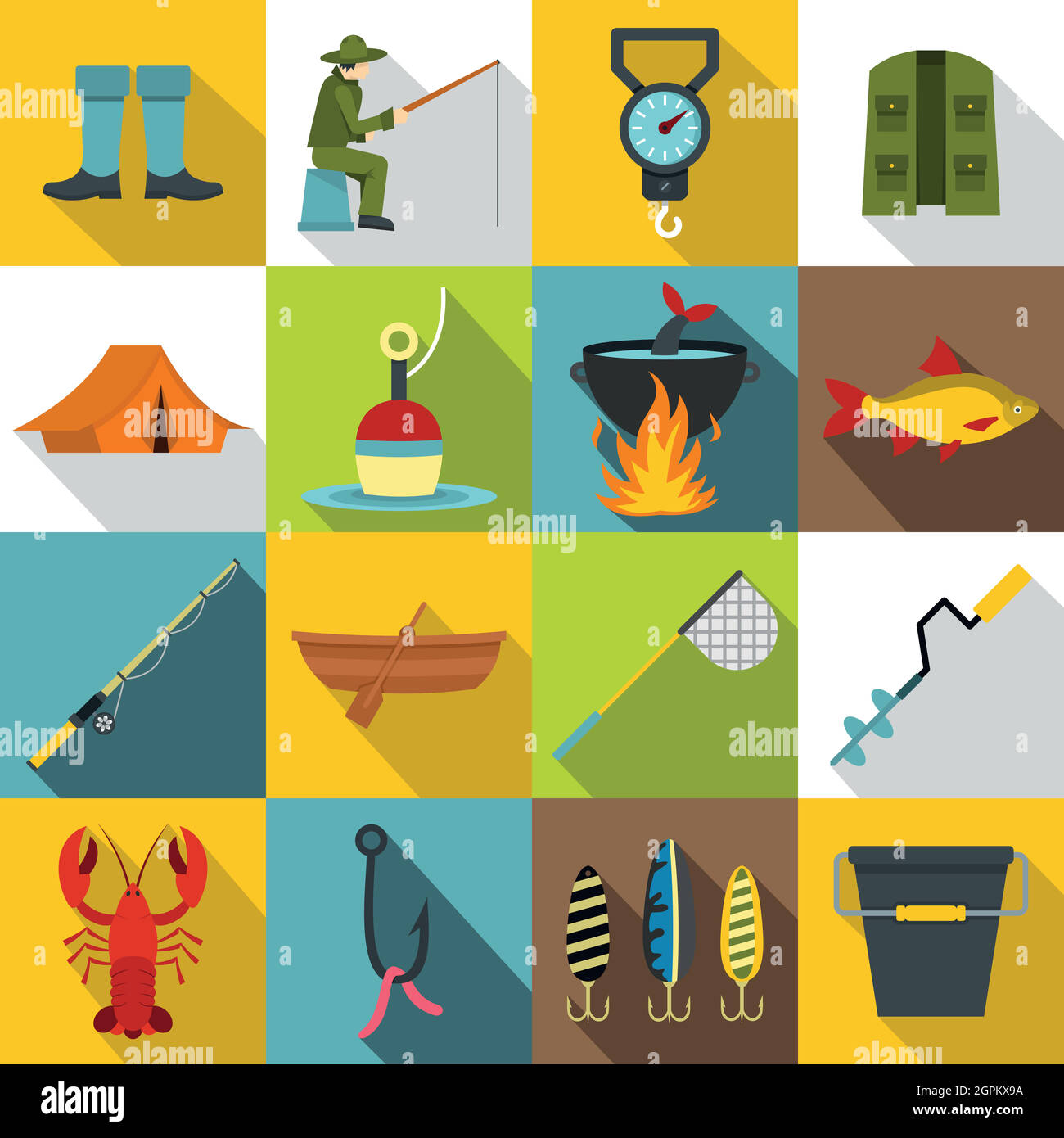 Strumenti di pesca icone set, stile piatto Illustrazione Vettoriale