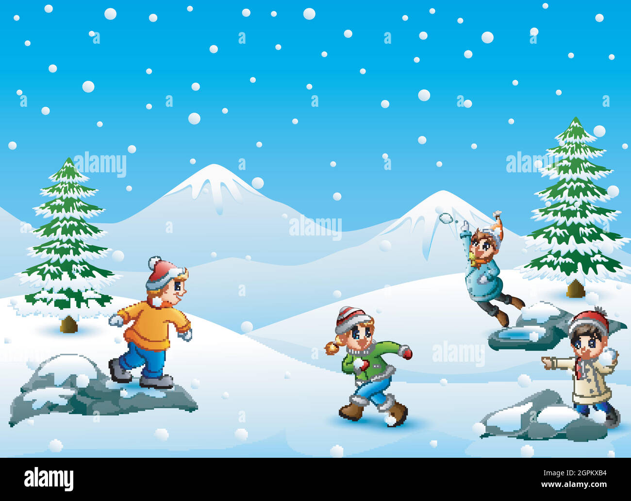 Felice bambini che giocano a snowball illustrataPer bambini che giocano a snowball illustrazione Illustrazione Vettoriale
