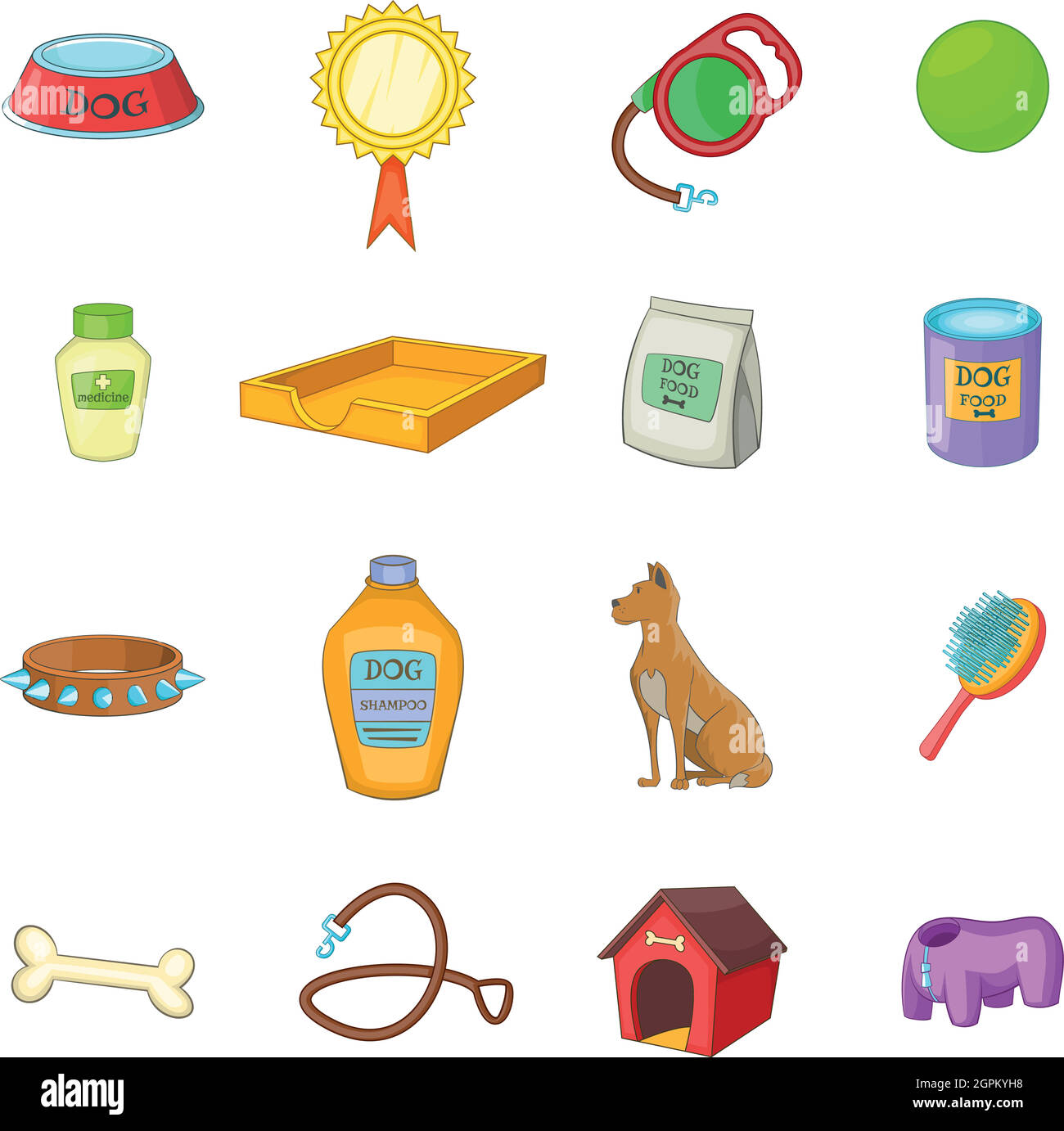 La cura del cane set di icone, stile cartoon Illustrazione Vettoriale