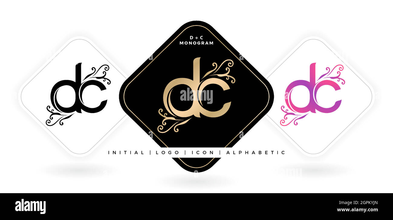 DC lettera iniziale e nome grafico, DC Monogram, per matrimonio coppia logo monogramma, azienda logo e icone business, con tre colori variation design con sfondi bianchi isolati Illustrazione Vettoriale