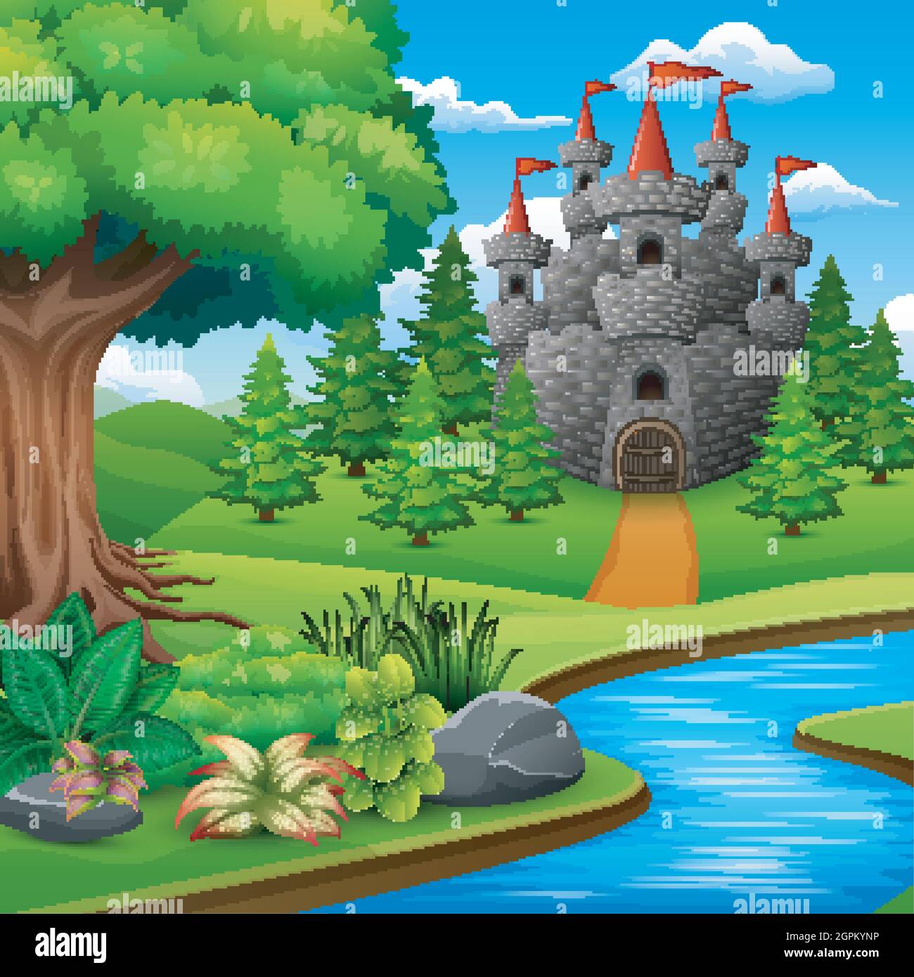Cartoon Illustrazione di Castello su paesaggio collinare Illustrazione Vettoriale