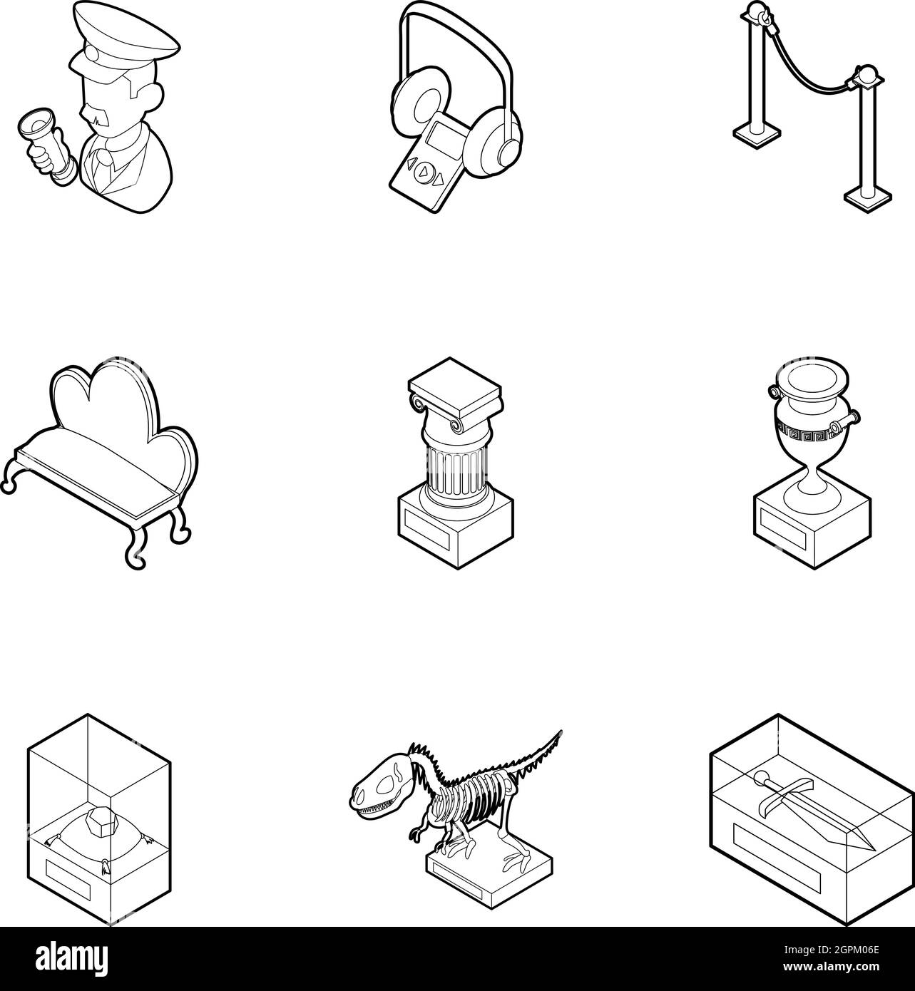 Museo di set di icone di stile di contorno Illustrazione Vettoriale