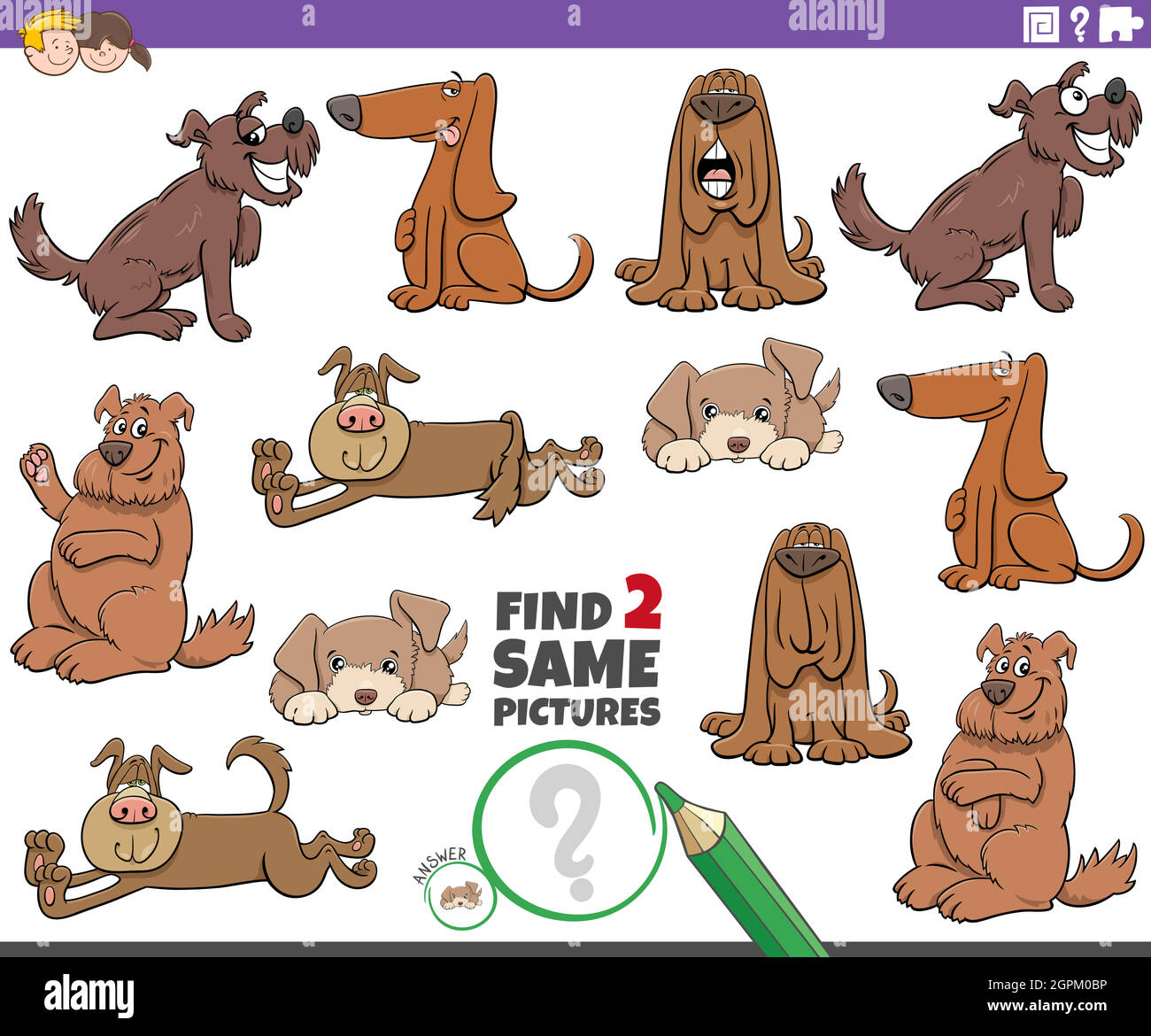trova due stessi personaggi del cane cartoon compito educativo Illustrazione Vettoriale