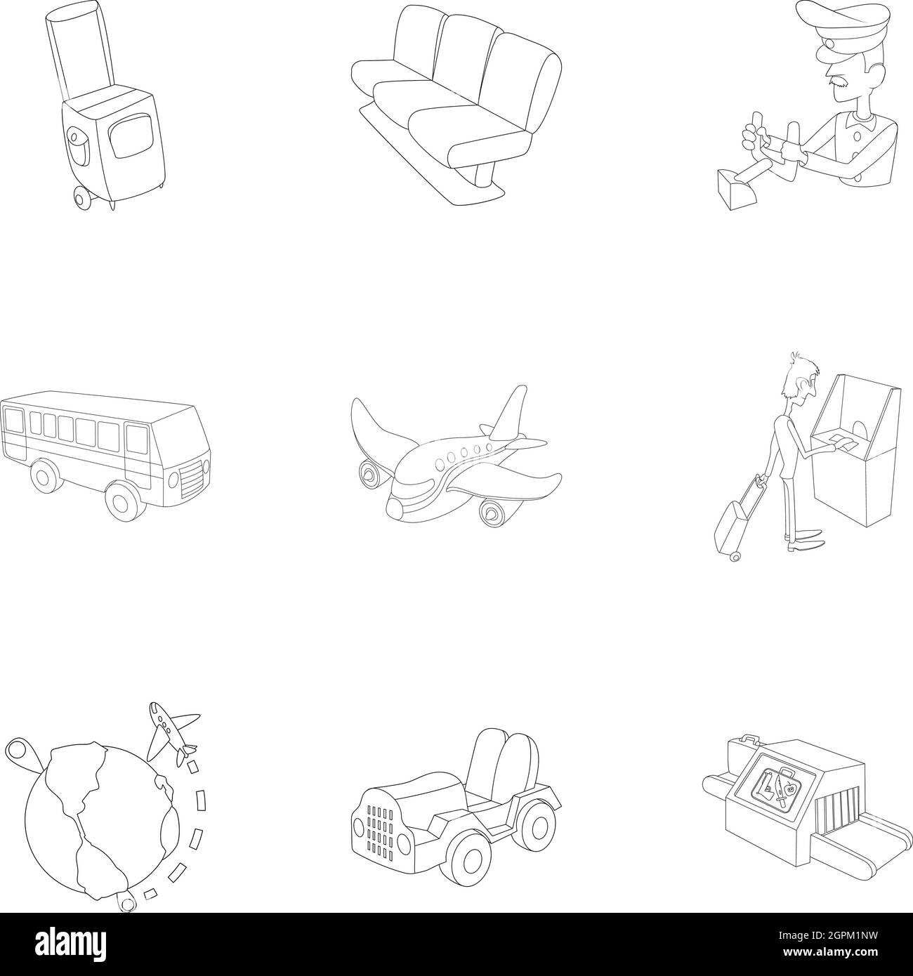 Verificare presso l'aeroporto set di icone di stile di contorno Illustrazione Vettoriale