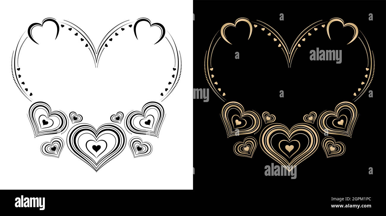 Bianco e nero ornamento di cuore sfondi isolati. Cornice etichetta Love design con due colori di variazione applicabile per invito, biglietti d'auguri, banner giorno valentine e modello volantino . Illustrazione Vettoriale