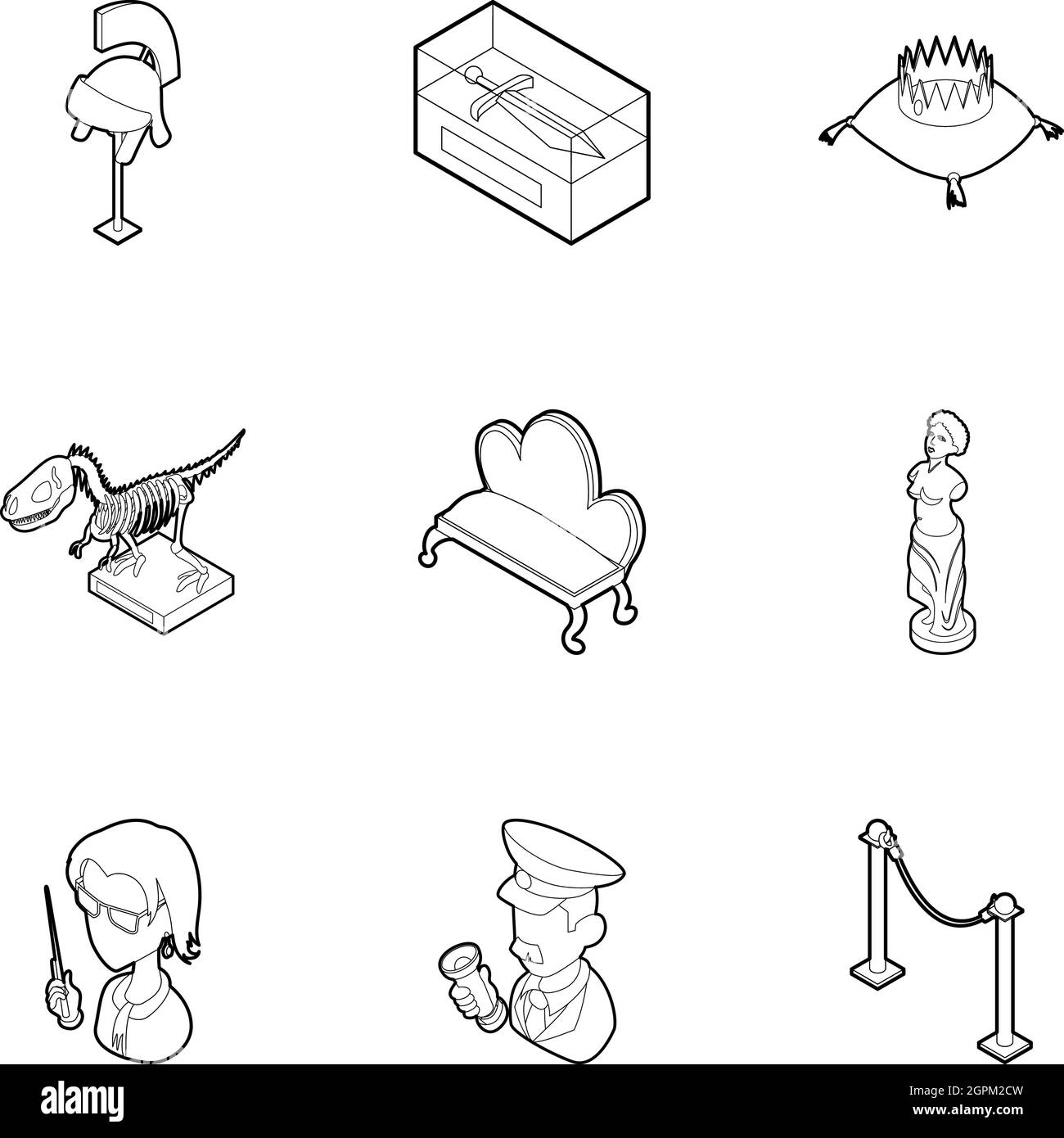 Museo storico di set di icone di stile di contorno Illustrazione Vettoriale