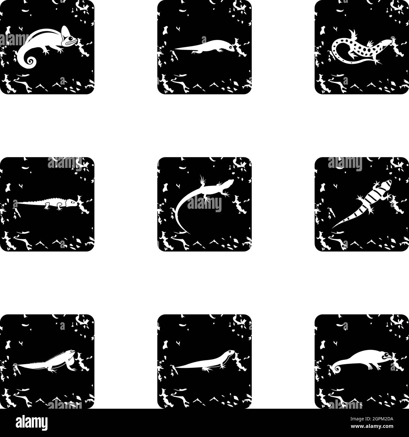 Tipi di icone iguana impostato, grunge stile Illustrazione Vettoriale