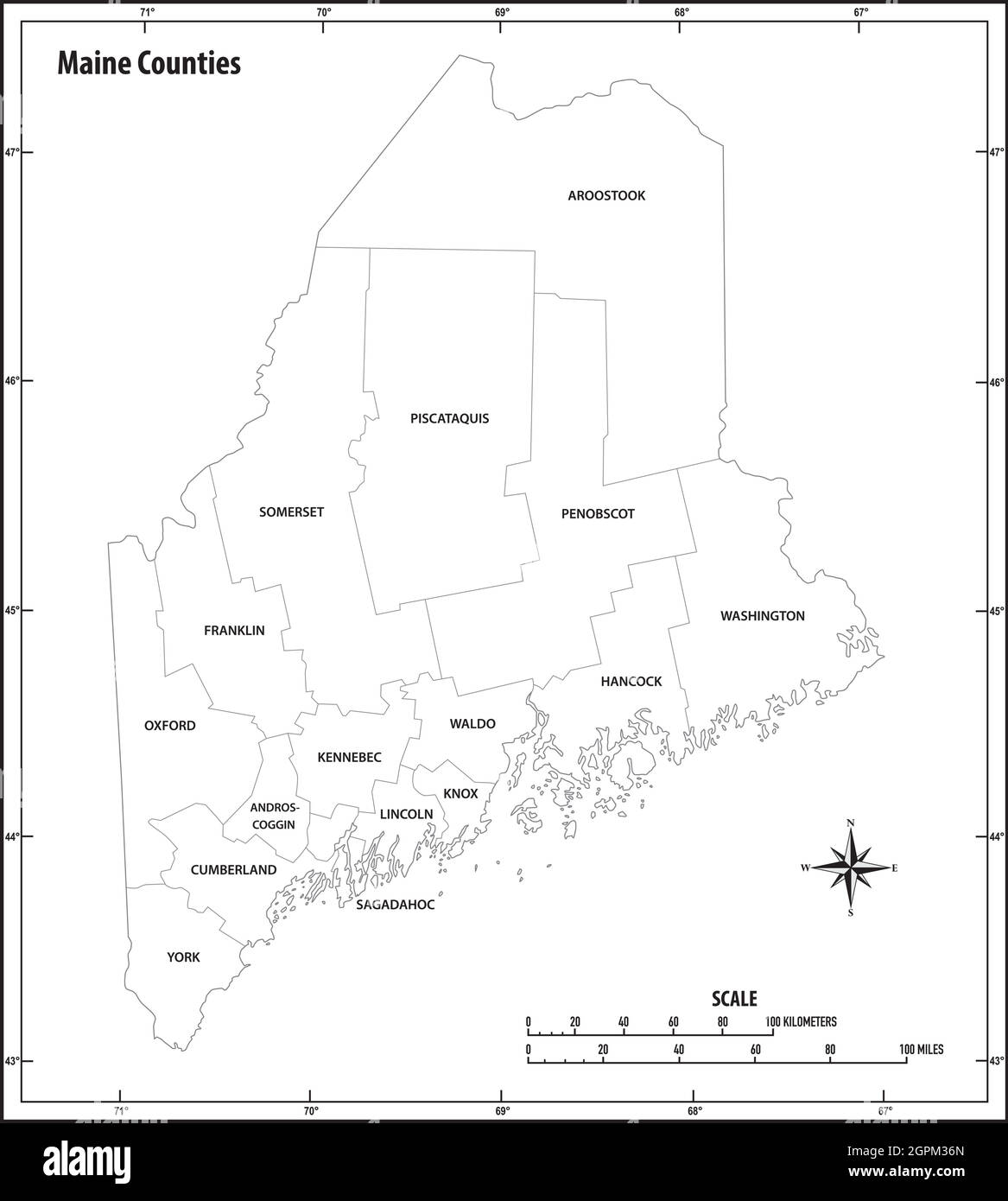 stato del maine profilo amministrativo e politico mappa vettoriale in nero e bianco Illustrazione Vettoriale