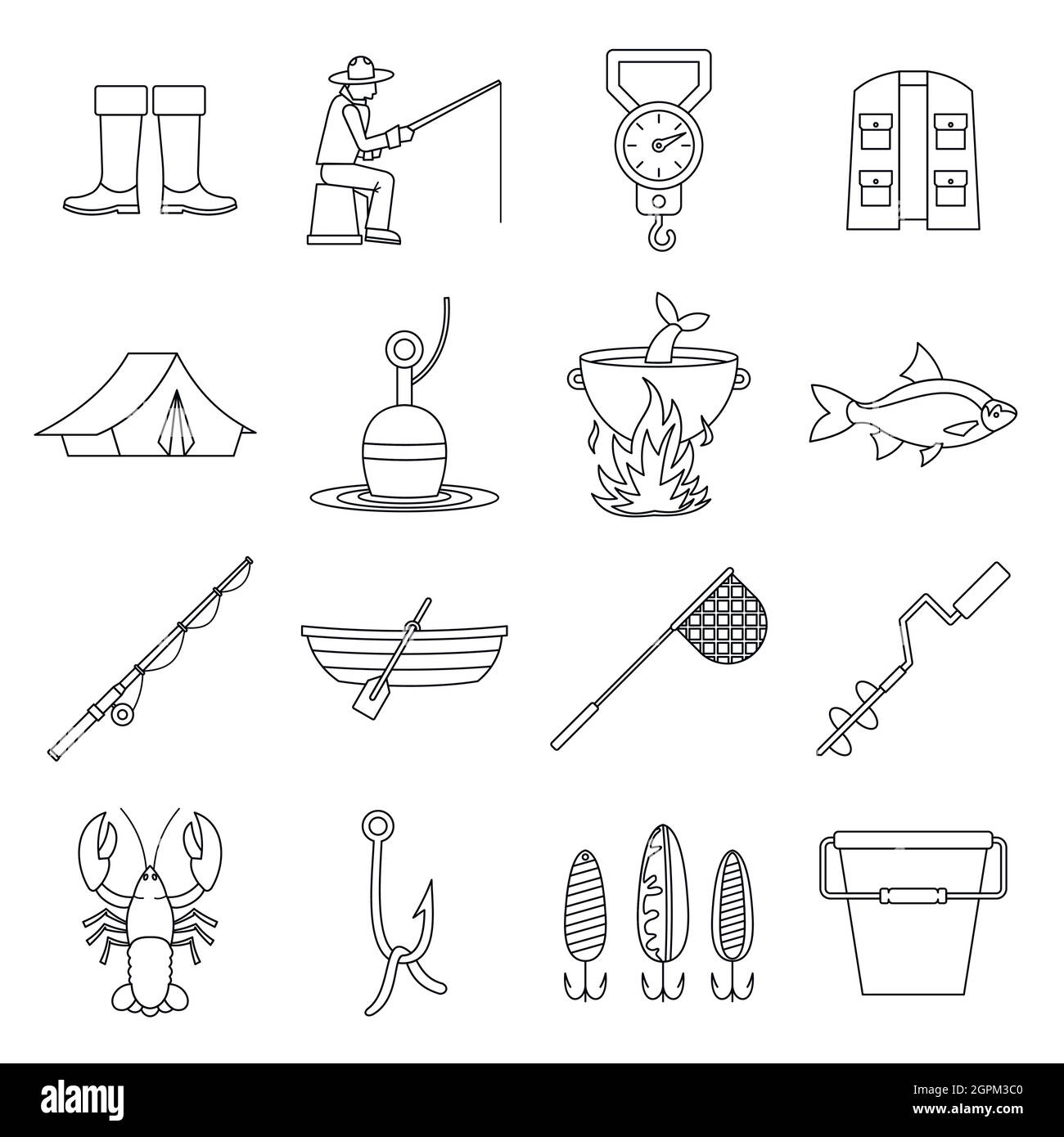 Strumenti di pesca icone set, stile di contorno Illustrazione Vettoriale