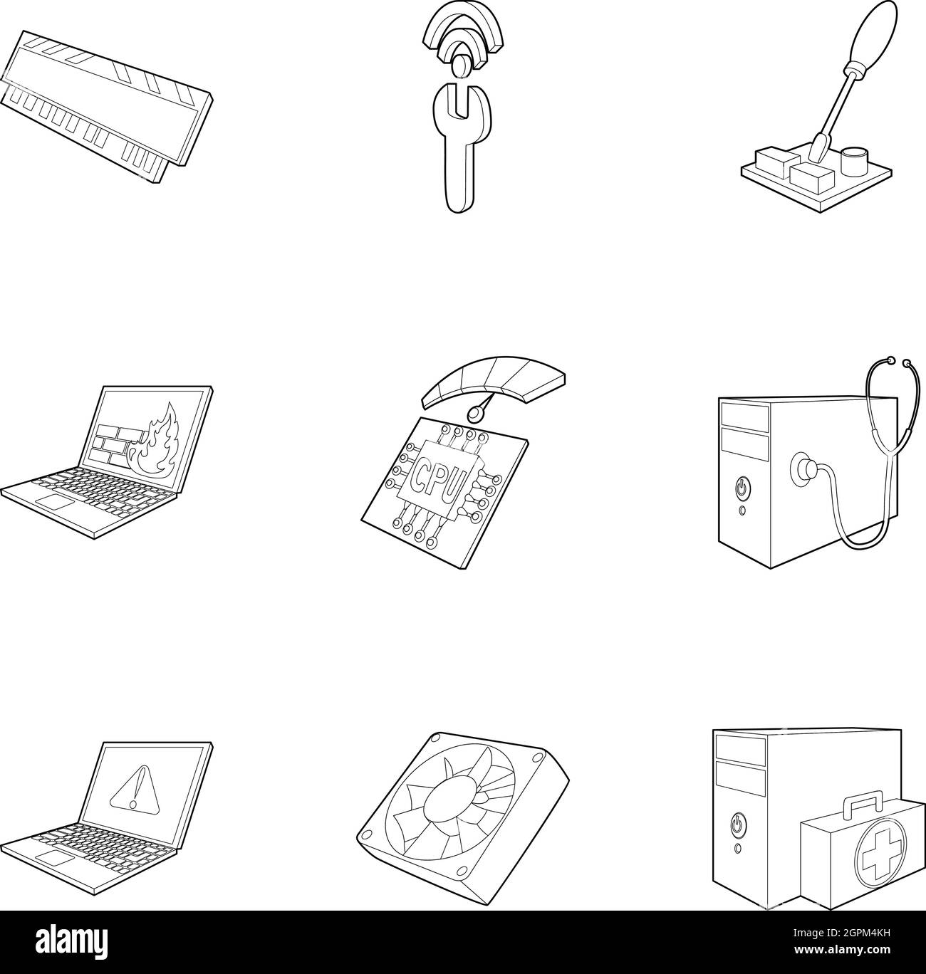La manutenzione del computer set di icone di stile di contorno Illustrazione Vettoriale