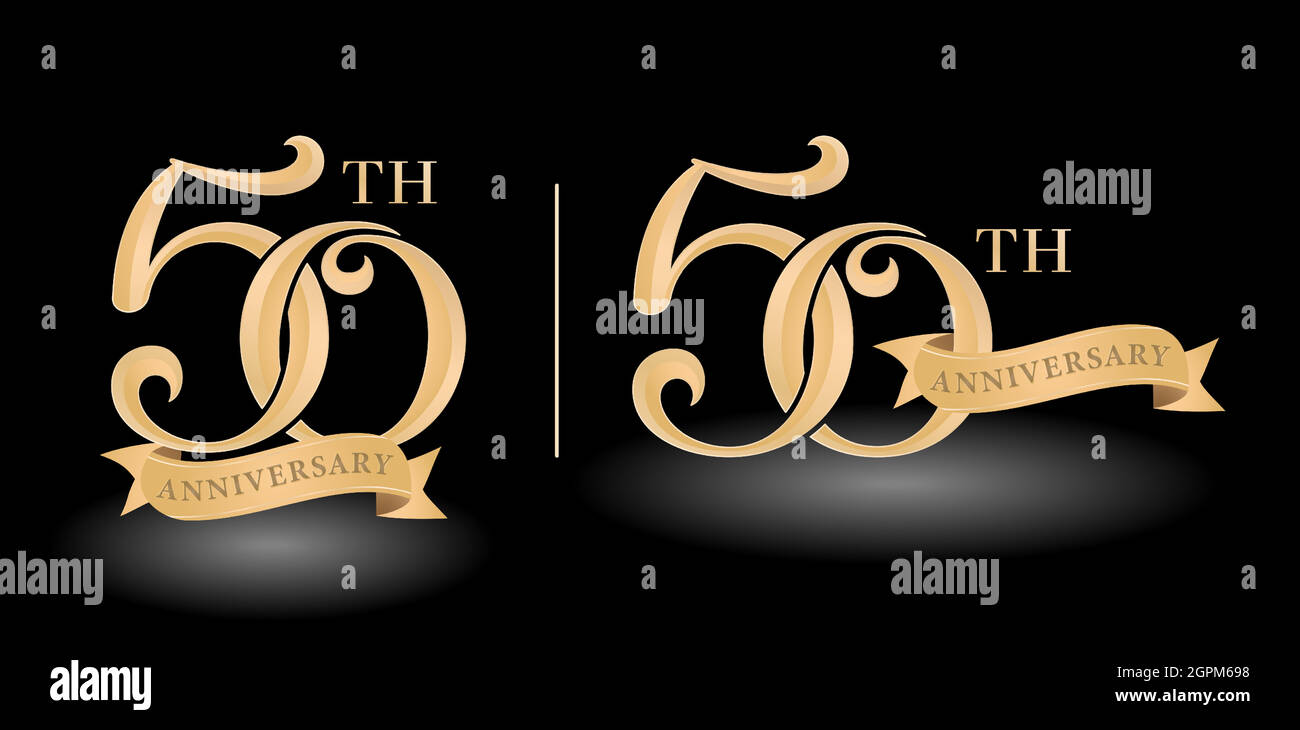 Illustrazione del 50° tag etichetta Golds anniversario con nastro, sfondi neri isolati. Applicabile per striscioni, biglietti d'auguri, anniversario di matrimonio di invito e corporate. Illustrazione Vettoriale