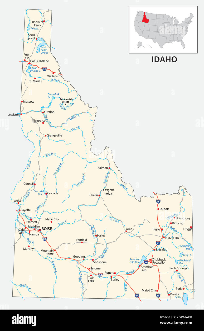 Mappa stradale dello stato americano dell'Idaho Illustrazione Vettoriale