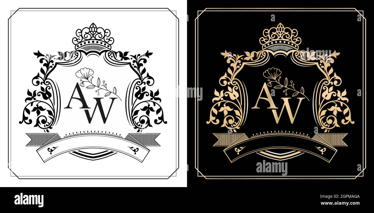 AW lettera iniziale con corona reale di monarca, AW emblema reale con corona, lettera iniziale e nome grafico Cornici bordo di disegni floreali con due varianti di colore per insegne e logo monogramma. Illustrazione Vettoriale