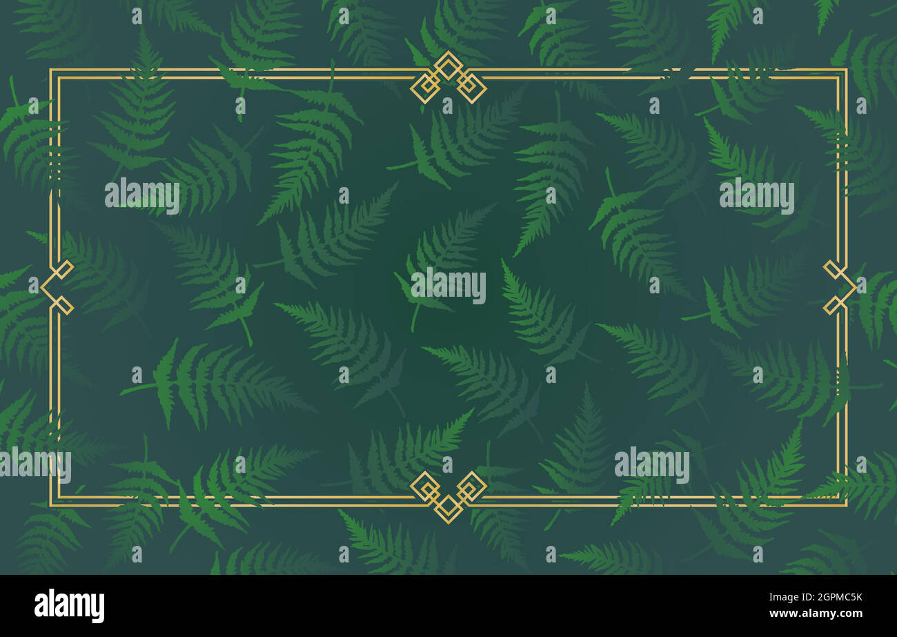 Cornice e contorno rettangolari linee dorate con motivi floreali di felce sfondi, cornice con foglie, sfondo con linee di cornice gold. Applicabile per banner, poster, stampa tessuto, tessuti e così via Illustrazione Vettoriale