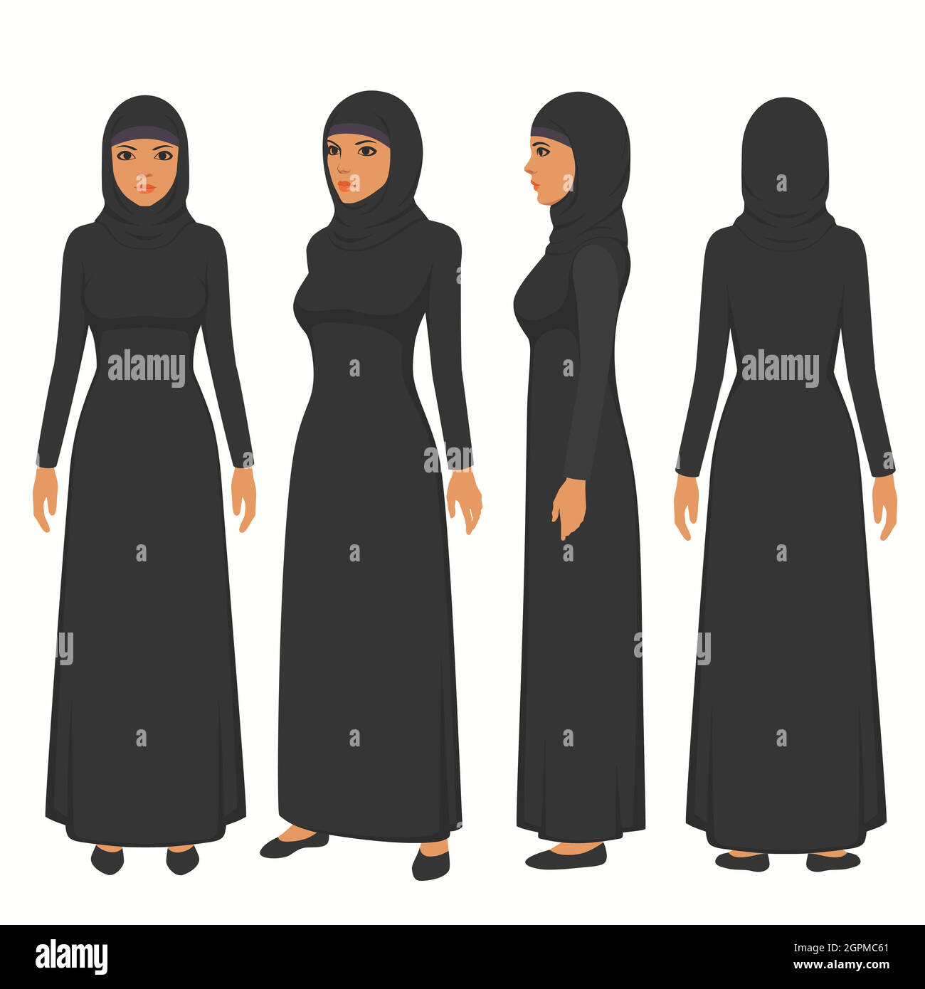 vista frontale, laterale e posteriore della persona islamica Illustrazione Vettoriale