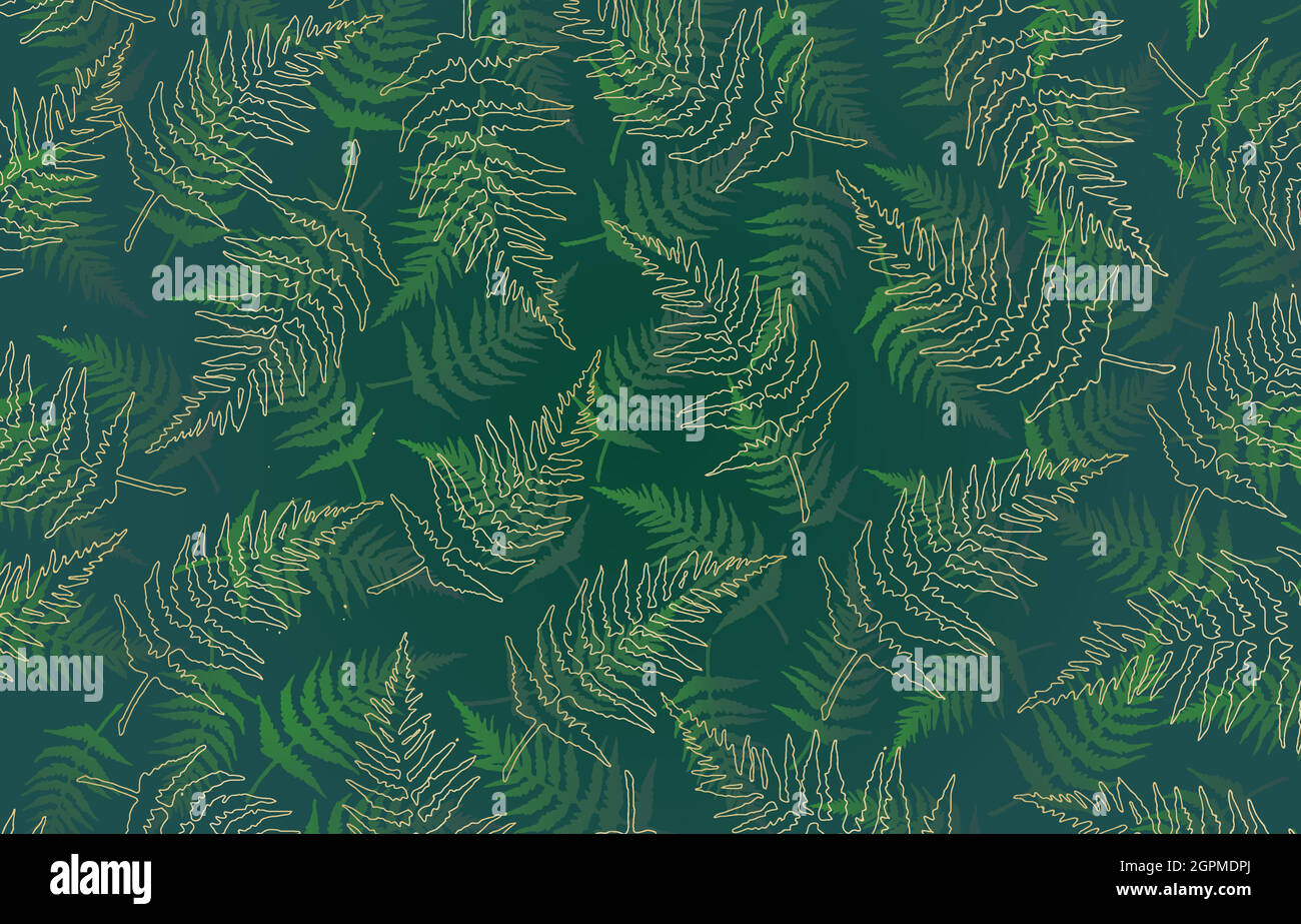 sfondo verde con linee di felce e dorate, motivo senza giunture con foglie di felce verde e oro, applicabile per striscioni, poster, stampa di tessuti, tessuti e così via Illustrazione Vettoriale