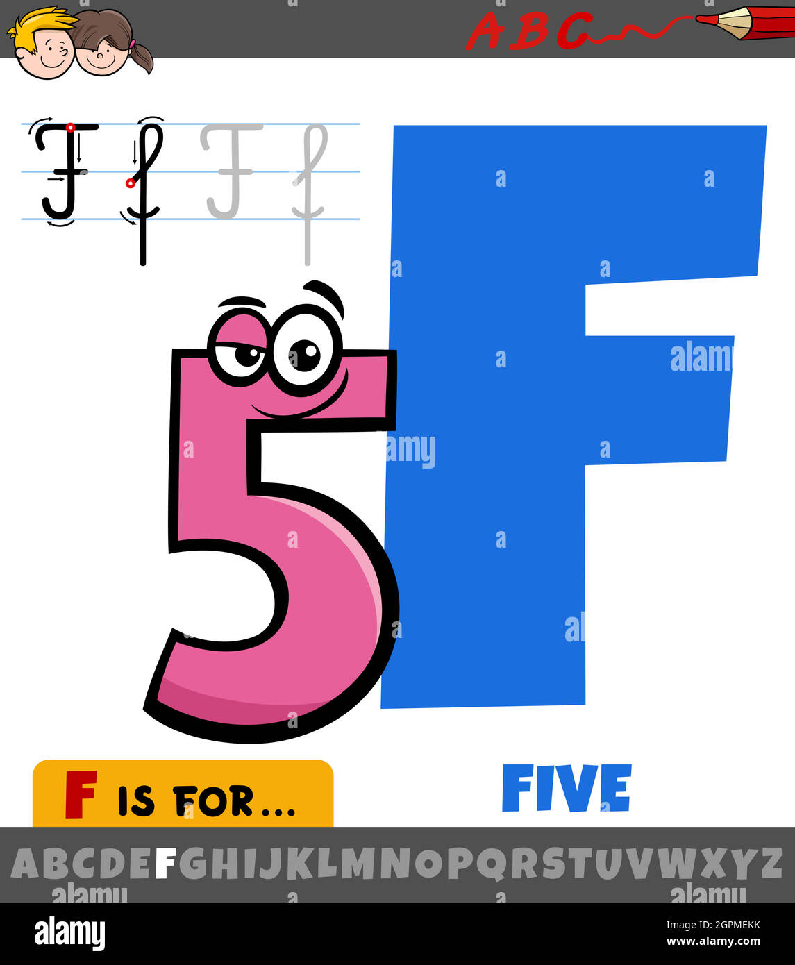 Lettera F dall'alfabeto con cartoon cinque numeri Illustrazione Vettoriale