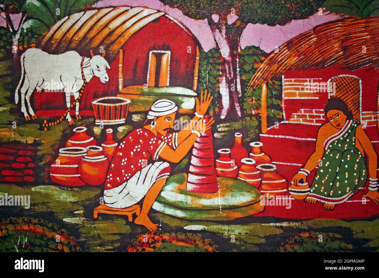 Indian Batik raffigurante il tradizionale villaggio di fabbrica di ceramiche Foto Stock