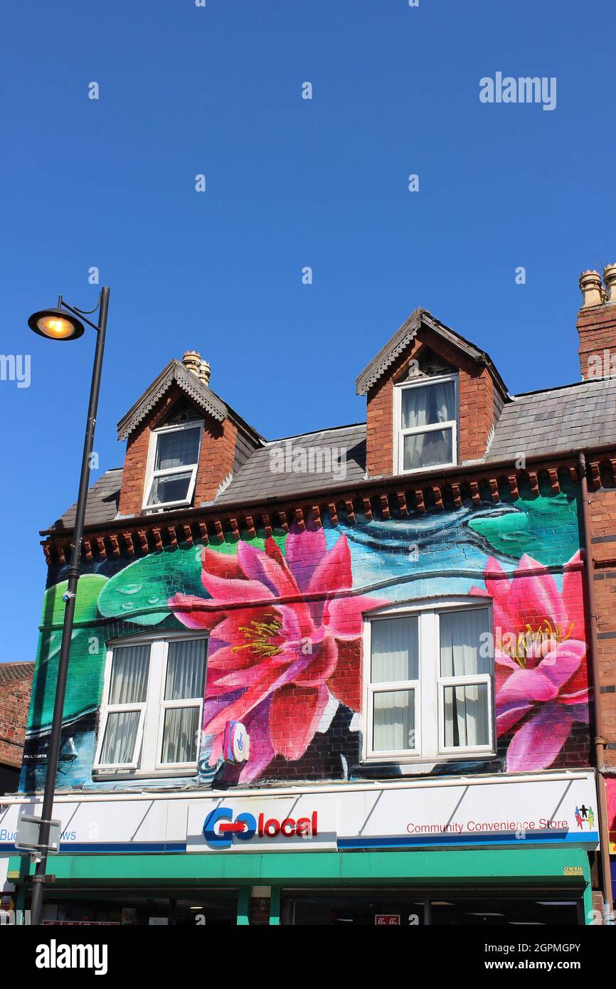 Arte floreale colorata sul Community Store a New Ferry, Merseyside dell'artista Paul Curtis Foto Stock