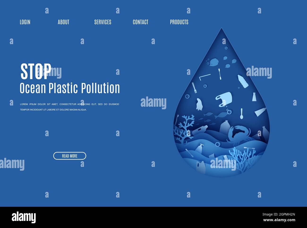 Pagina web stop oceano plastica inquinamento banner modello di disegno in carta taglio stile. Vista subacquea attraverso la silhouette delle gocce d'acqua. Giornata mondiale dell'acqua Illustrazione Vettoriale