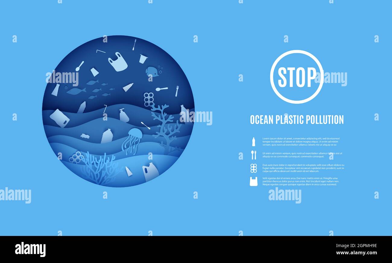 Giornata Mondiale dell'Oceano, stop bandiera di inquinamento di plastica oceanica. Vista del mondo sottomarino attraverso il oblò di un sottomarino in stile carta tagliata. Vettore Illustrazione Vettoriale