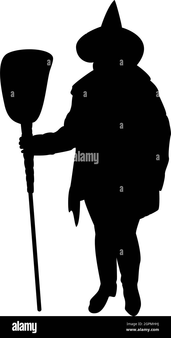 Silhouette fata witch in piedi con scopa soggetto per Halloween concept nero colore vettoriale immagine stile piatto Illustrazione Vettoriale