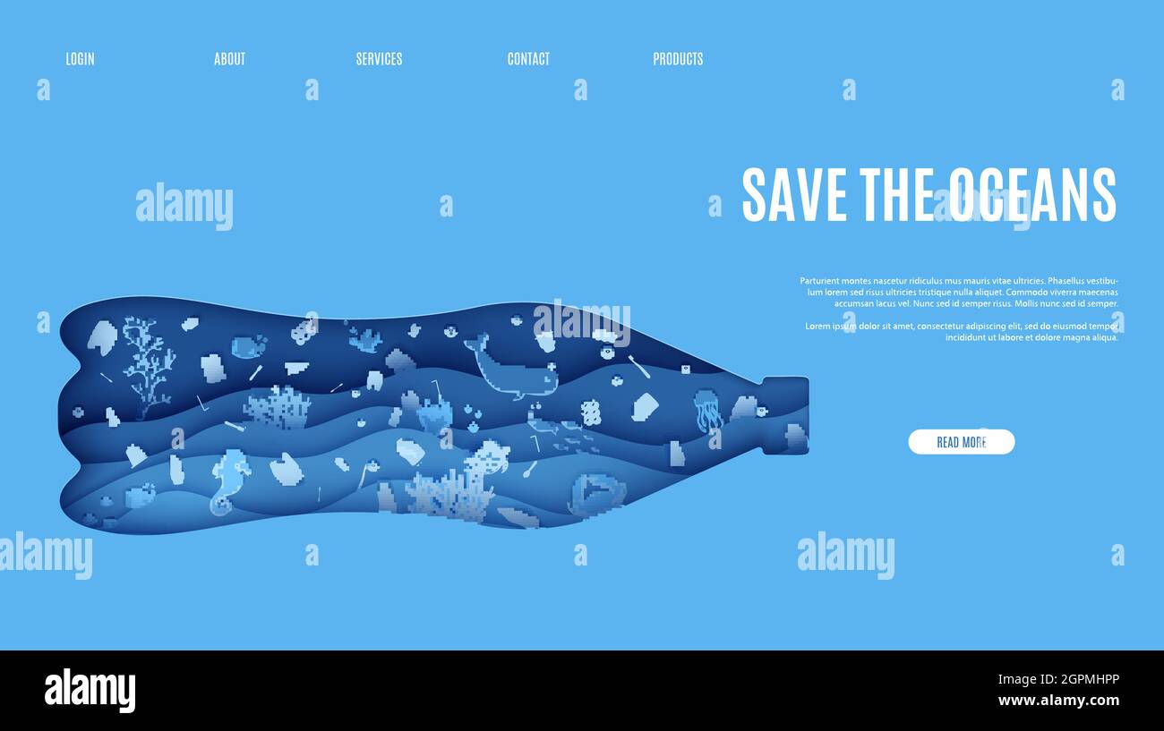 Pagina web stop oceano plastica inquinamento banner modello di disegno in carta taglio stile. Vista subacquea attraverso la silhouette del flacone. Fondali di barriera corallina e pesci Illustrazione Vettoriale