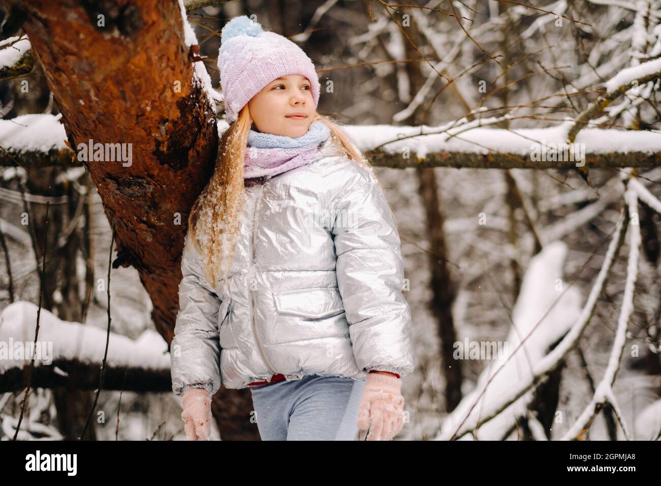 una bambina in una giacca d'argento in inverno va fuori in inverno Foto  stock - Alamy