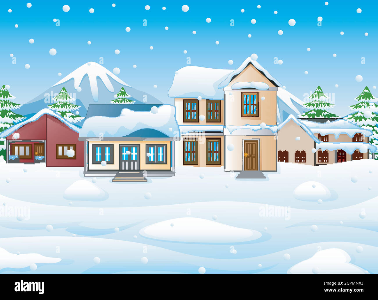 Paesaggio invernale con montagne e casa innevata Illustrazione Vettoriale